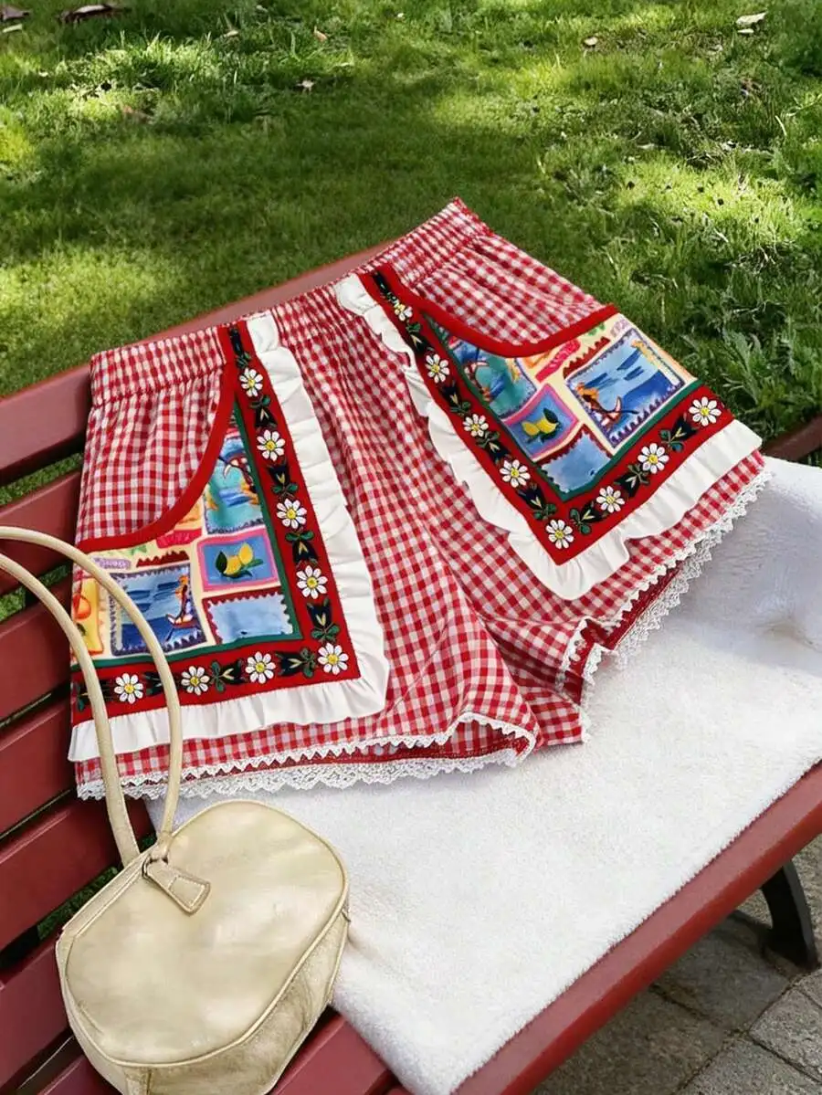 

Red Gingham Patchwork Women Shorts With Floral Trim And Fruit Print