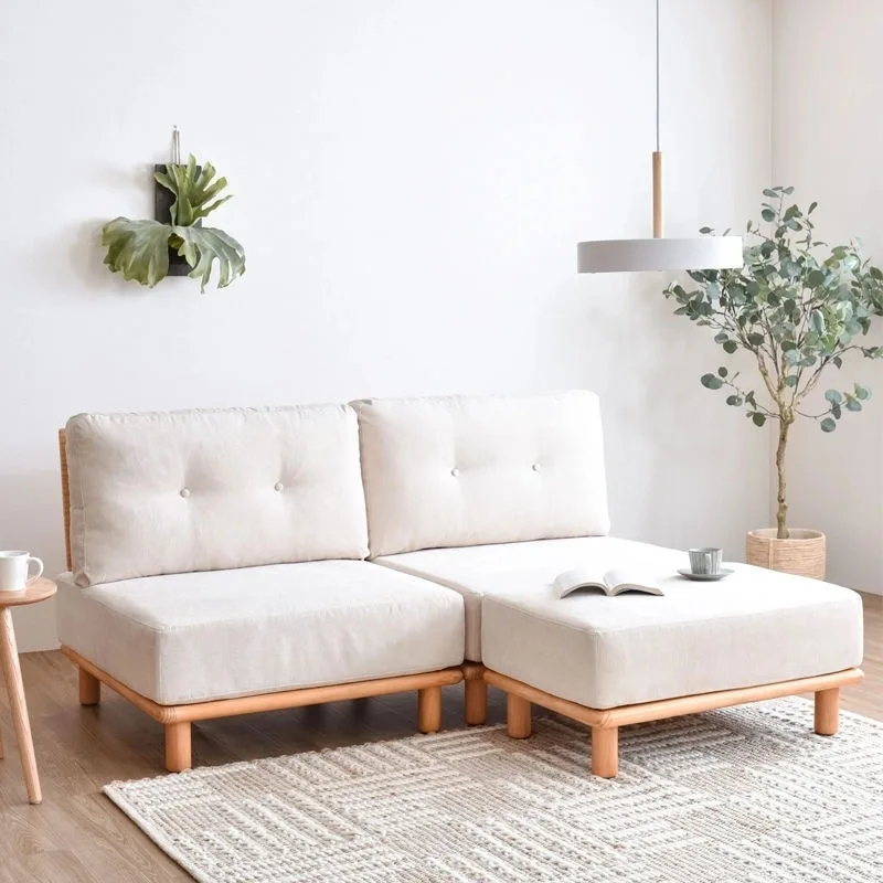 أريكة قماشية ناعمة من الخشب الصلب على الطراز الياباني، مجموعة صف مستقيم واحد