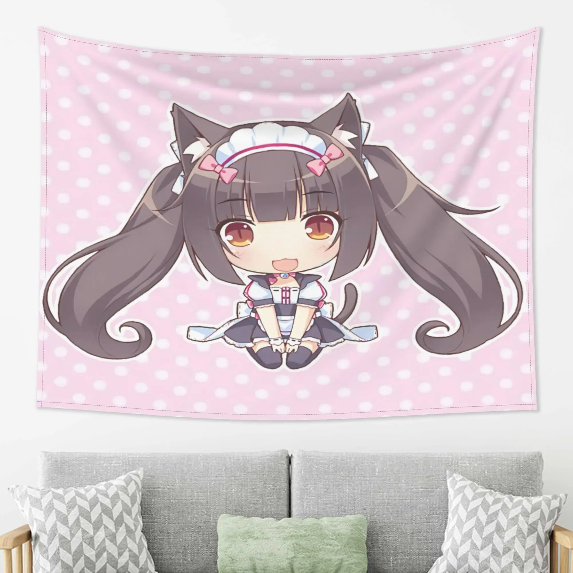 1pc Chocola Series Tapestry Banner - Horizontal Pink Polka Dot Wall Hanging with Chocola Characters, Suitable for Living Room,