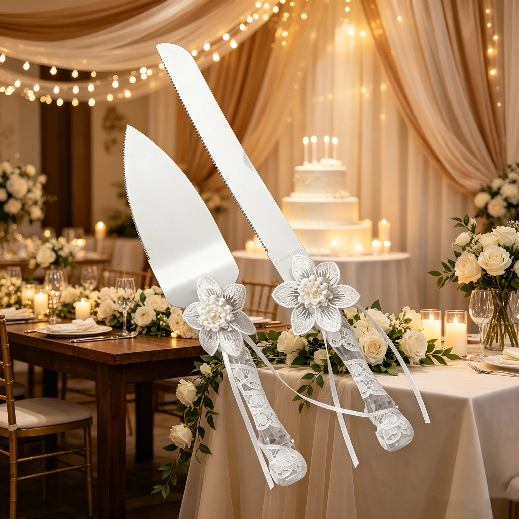 Luxury Wedding Cake Cutter And Server Set Western Style Marriage Ceremony Props Silver Color Cutlery for Baking Accessories