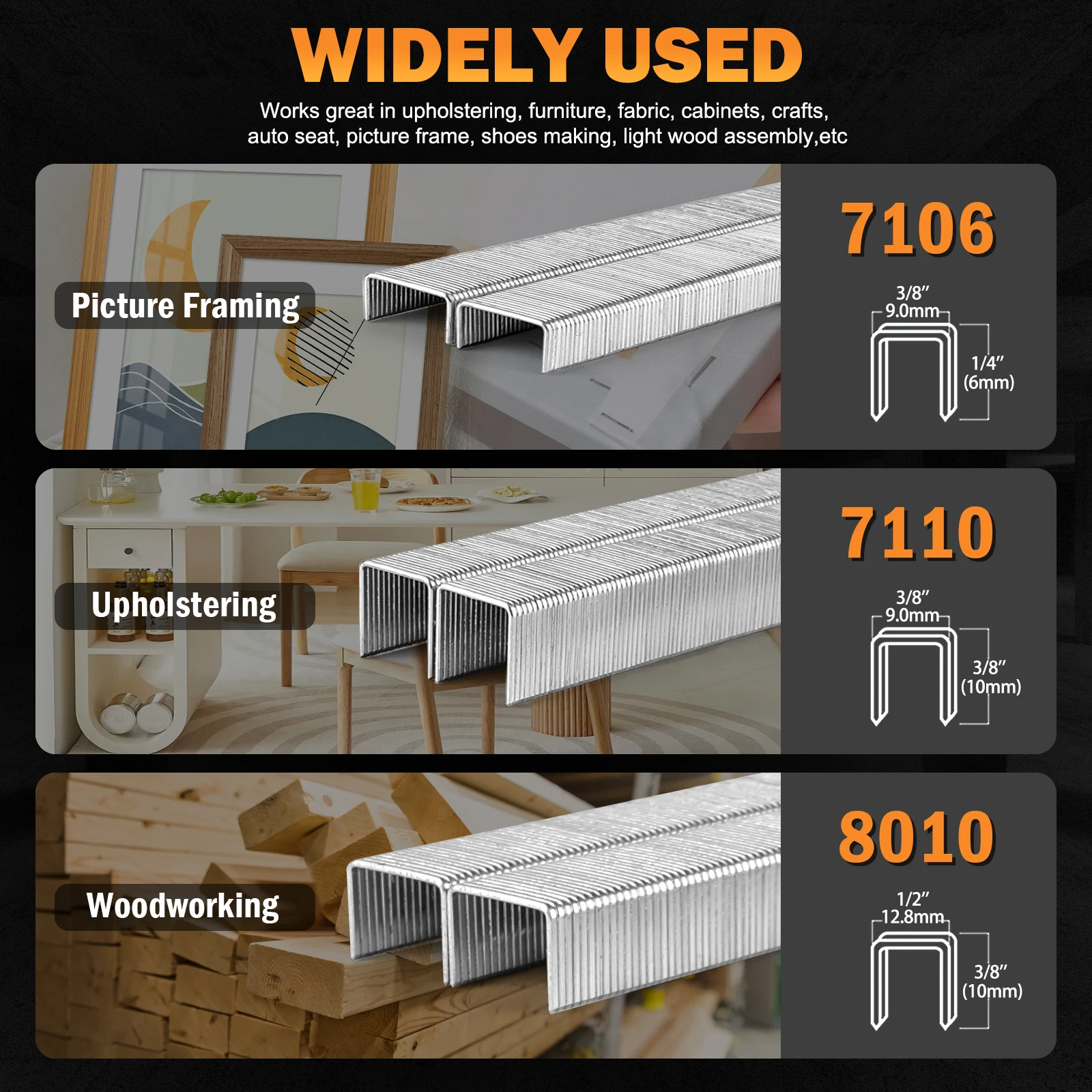 KAMSIN 22 Gauge 9mm Crown Galvanized Upholstery Staples, 71 Series 7106(6mm) & 7110(10mm),10000 PCS/Box,For Cabinets,Car seat