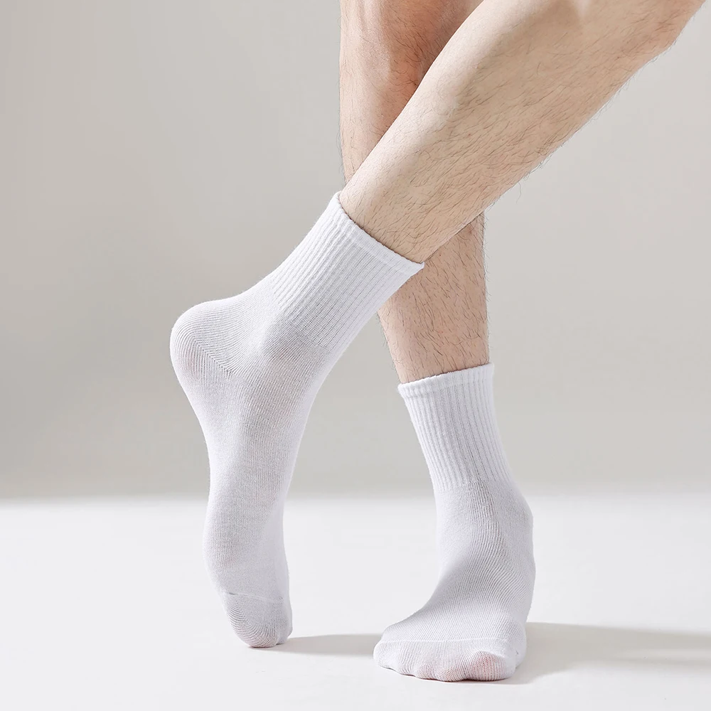 6 Pairs White Trendy Mid Calf Men Socks Size Us 5-9 Couple Comfortable Everyday Wear Breathable Cotton  Socks