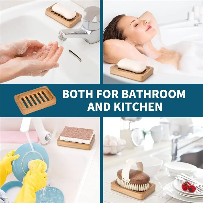 2PCS Self Draining Soap Holders Rustic Slotted Bamboo Dish Tray Easy Cleaning Wooden Soap Dish-A57X