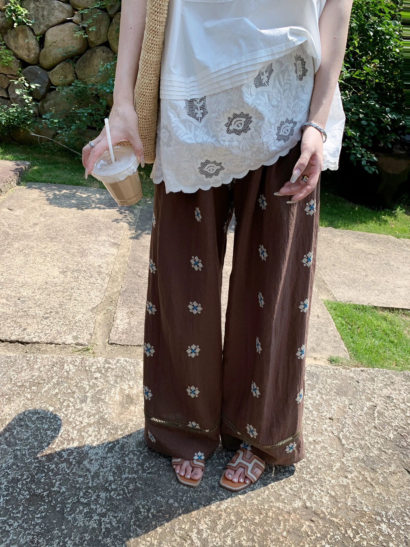 

Evnsle Summer Thin Embroidered Straight Leg Casual Pants Coffee Color Women's Wide Leg Long Trousers Comfortable Breathable