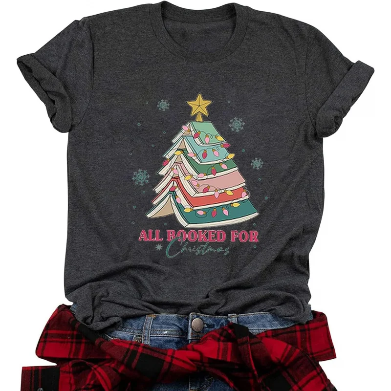 

Christmas Shirts Women Colorful Book Tree Tees Xmas Teacher Gifts Tops T Shirt