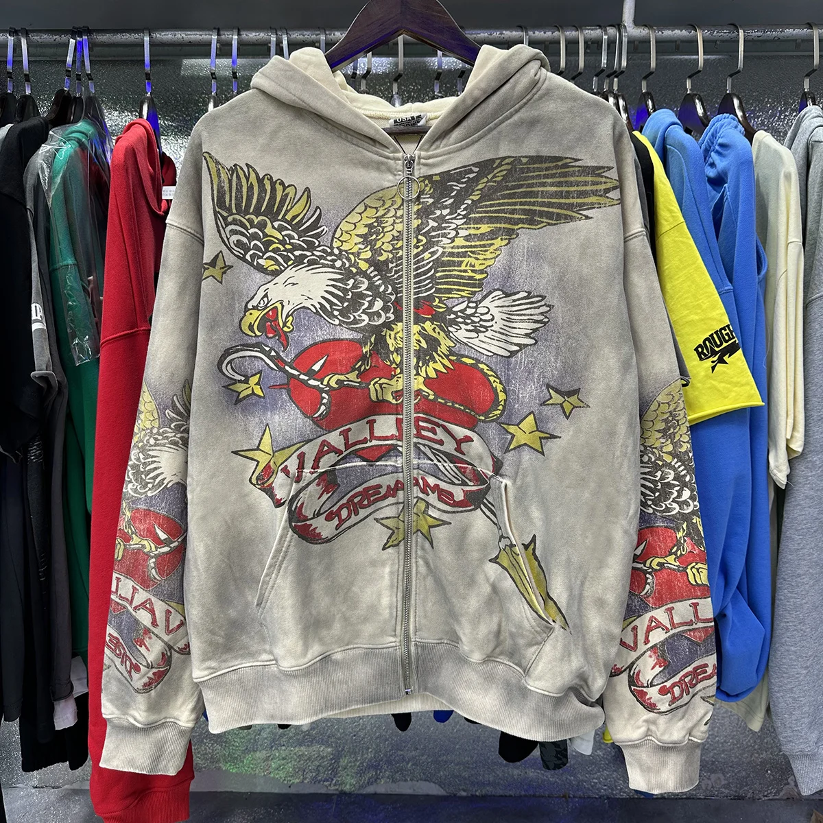 Vale Valley  Print Retro Washed Zipper Hoodie Pure Cotton Youth Casual Wear Comfortable Loose Fit Long Sleeve