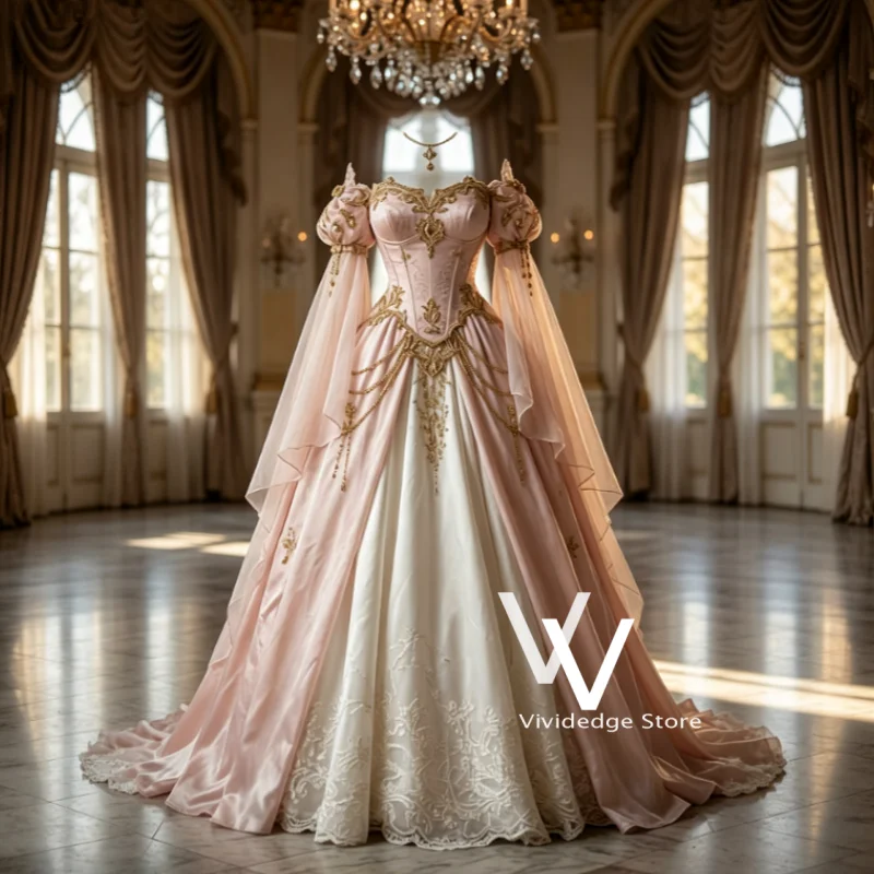Rosa-weißes viktorianisches Ballkleid mit goldener Spitzenstickerei, schulterfreiem Cape-Ärmel, A-Linie, mittelalterliches Prinzessinnen-Abendkleid, individuell anpassbar