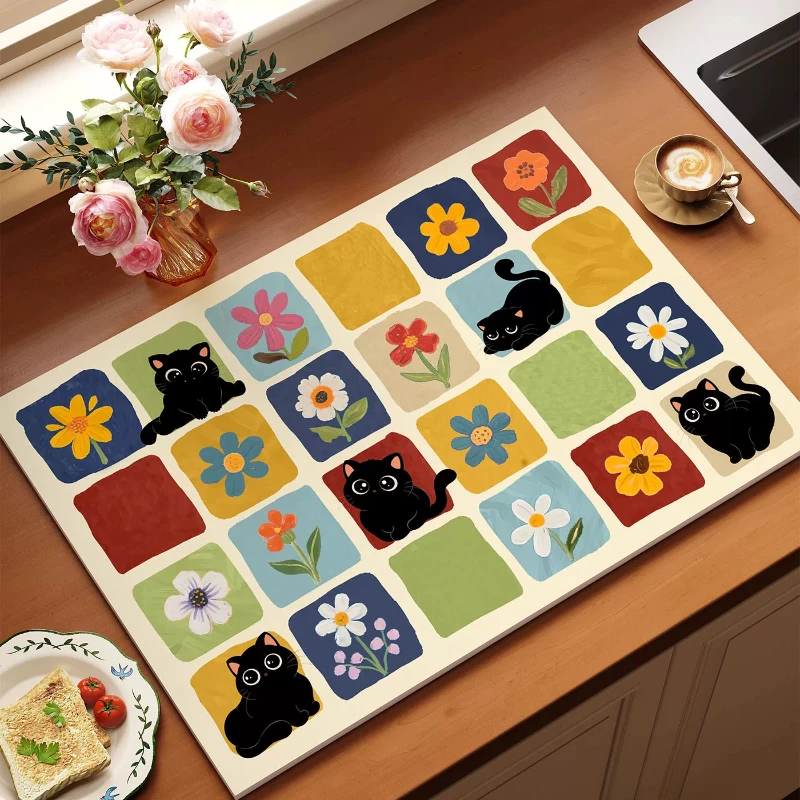 VIKAMA Leopard Patchwork Cats Kitchen Mat for Sink Counter Drainage Drying Pad Table Placemat Washable Aesthetic Home Decor