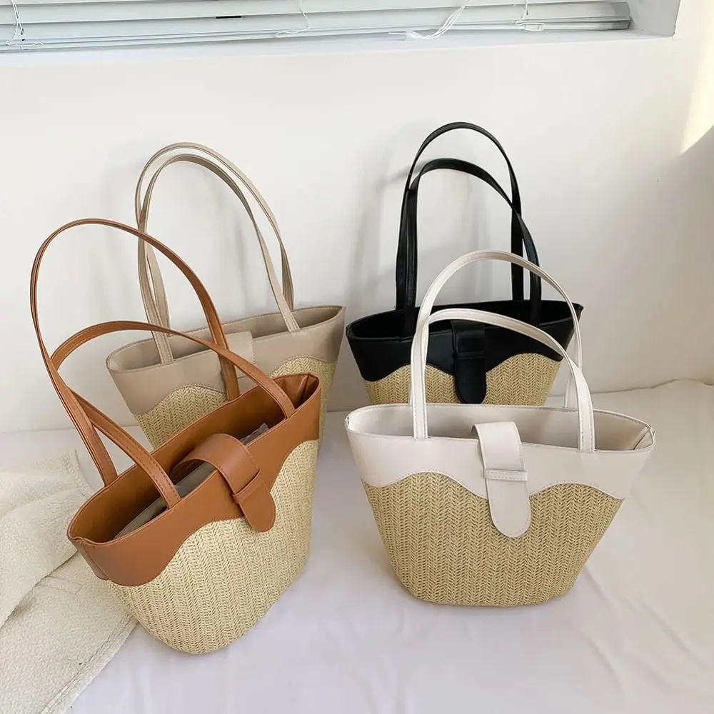 Summer Straw Small Bucket Bag 2024 Trendy Handbags for Women Hand Weaving Clutch Female Leather Shoulder Shopping Bag Tote Purse