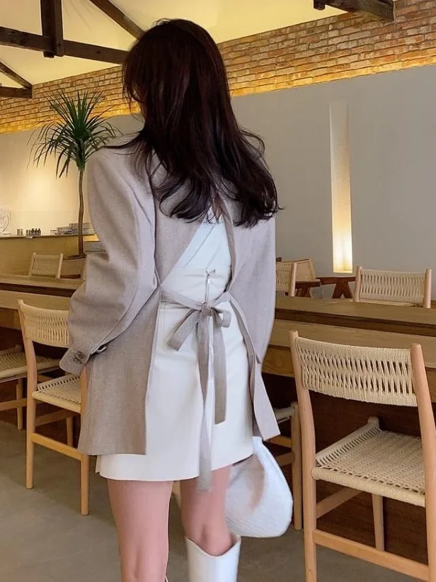 الرجعية الصغيرة ence تصميم اثنين زر با سبليت مربوط عارضة المرأة البدلة Jaet الكورية Sle مكتب ارتداء تصميم فريد من نوعه #3