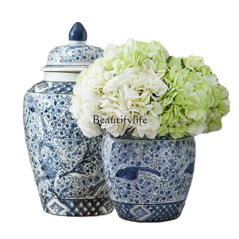 Flower Arrangement in Living Room and Dining Table High-End Entry Lux Flower Vase Chinese Retro Blue and White Porcelain Vase