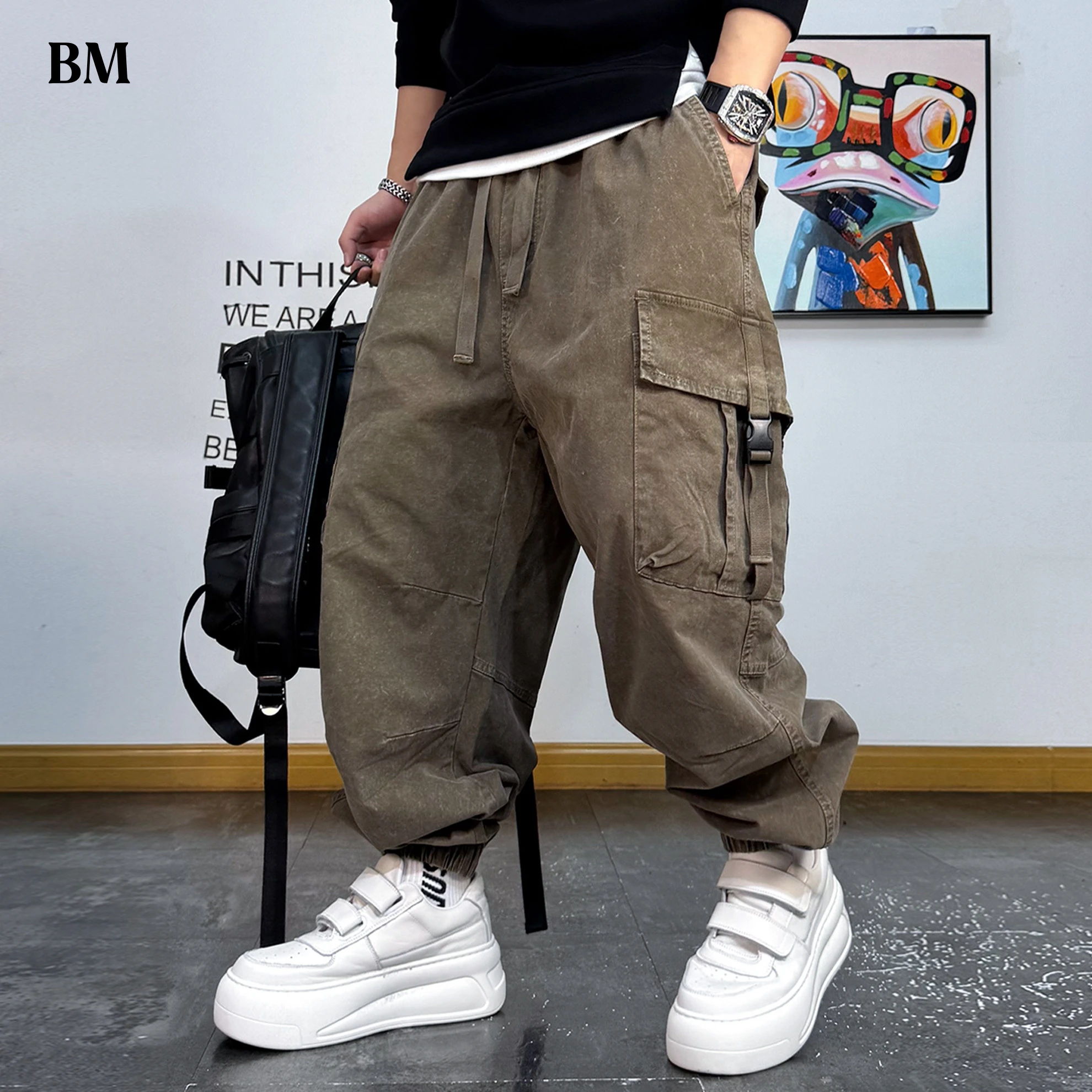 

American Vintage Cargo Joggers Mens Washed Distressed Multi Pocket Pants Oversized Loose Fit Streetwear Hip Hop Plus Size Trendy