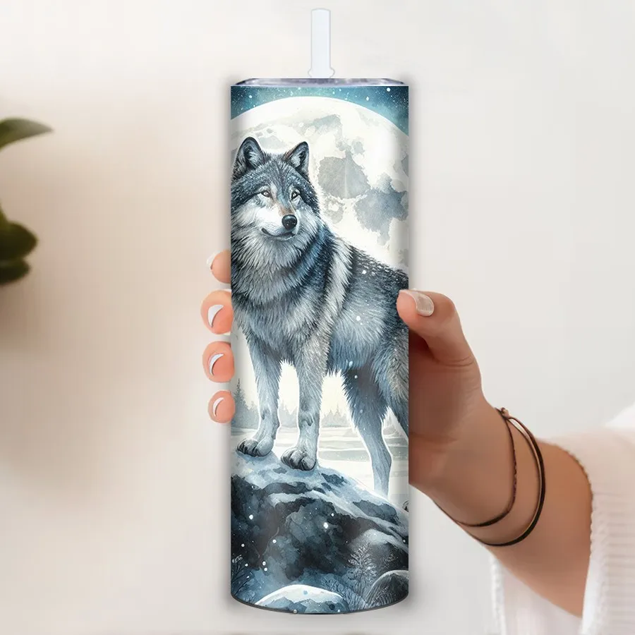 20oz Stainless Straight Tumblers Straw Lid 3D Print Wolf & Moonnight Cold Hot Insulated Party Mugs Festive Travel Vacuum Tumbler