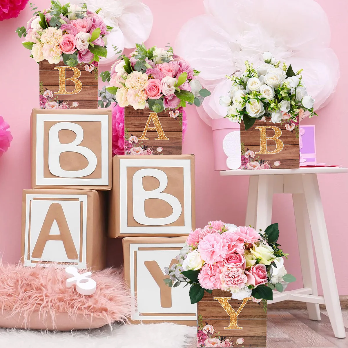 

Baby Shower Flower Boxes Baby Flower Centerpiece Wood Grain Floral Gender Reveal Party Decor Birthday Favor Block Holder Supplie