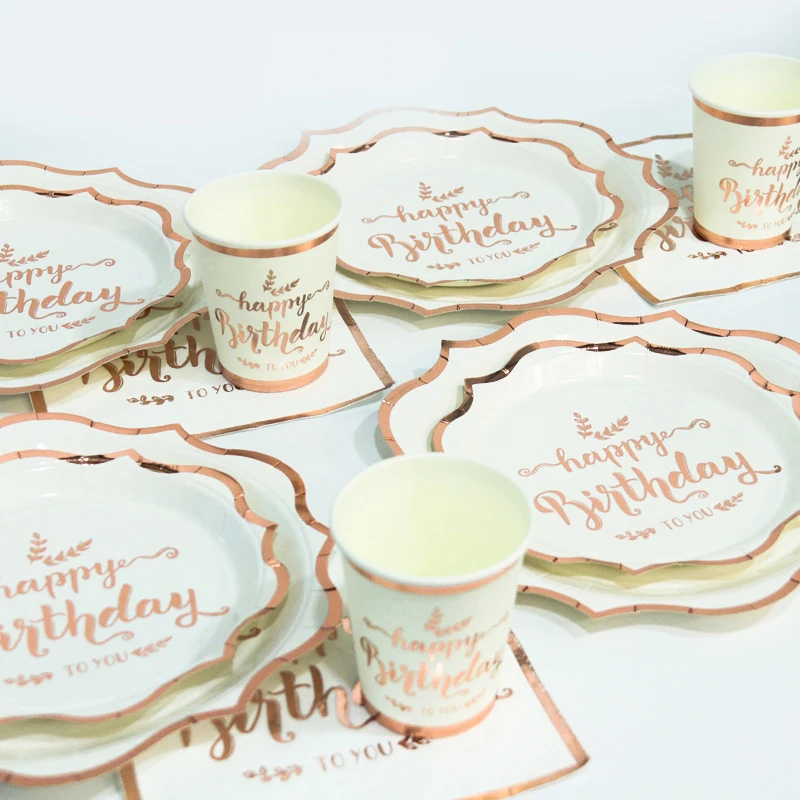 Rose Gold Happy Birthday Party Disposable Tableware Rose Gold Paper Plates Cups Napkin Ladies 18 21 30 40th Birthday Party Decor