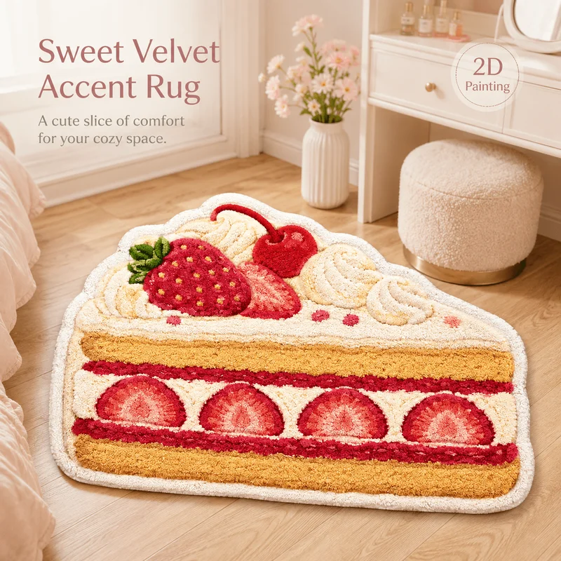 VIKAMA Cute Strawberry Cake Rug—Soft, Plush, Non-Slip Decorative Rug for Bedrooms and Living Rooms, Entryway Rug, Home Decor