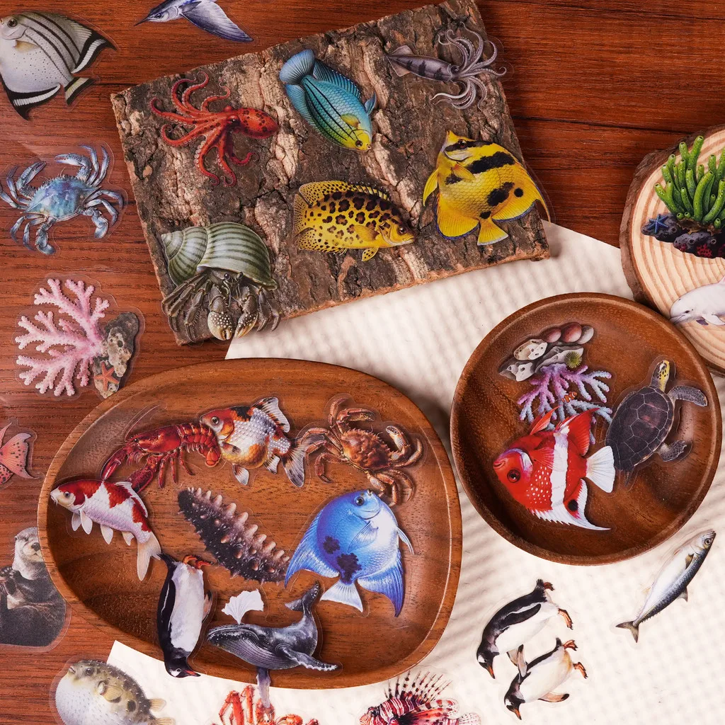 Clear PET Ocean Creature Sticker Pack 56 Sheets Lifelike Sea Fish Art Decorative Stickers for Journal Scrapbook Papery Pop Store