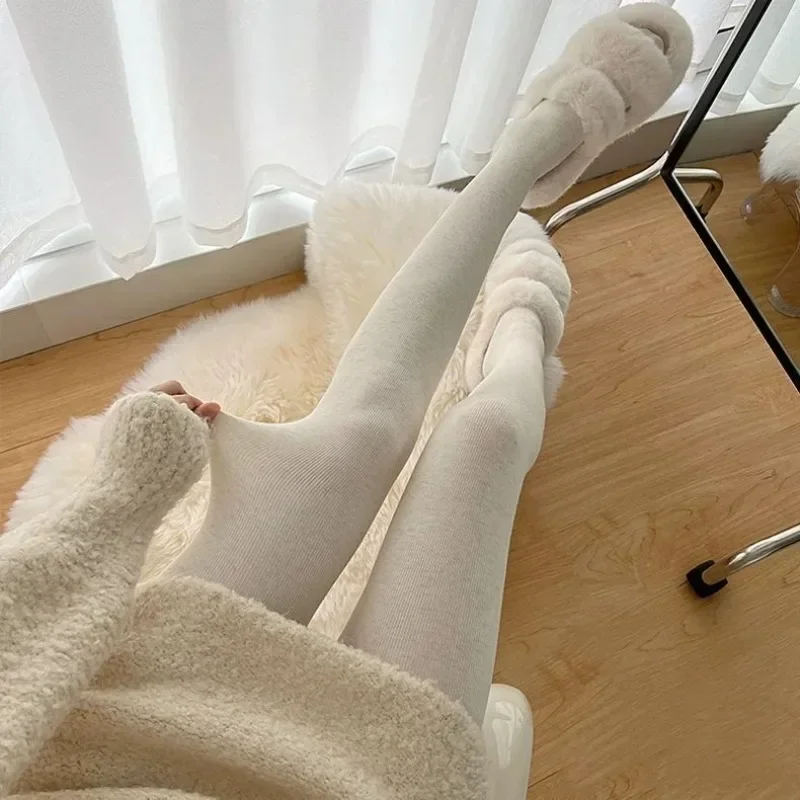Japanese Cashmere Thick Oat Color Pantyhose Women\'s Winter Warm Thin Velvet White Bottom Socks Vertical Strip Slim Autumn/winter