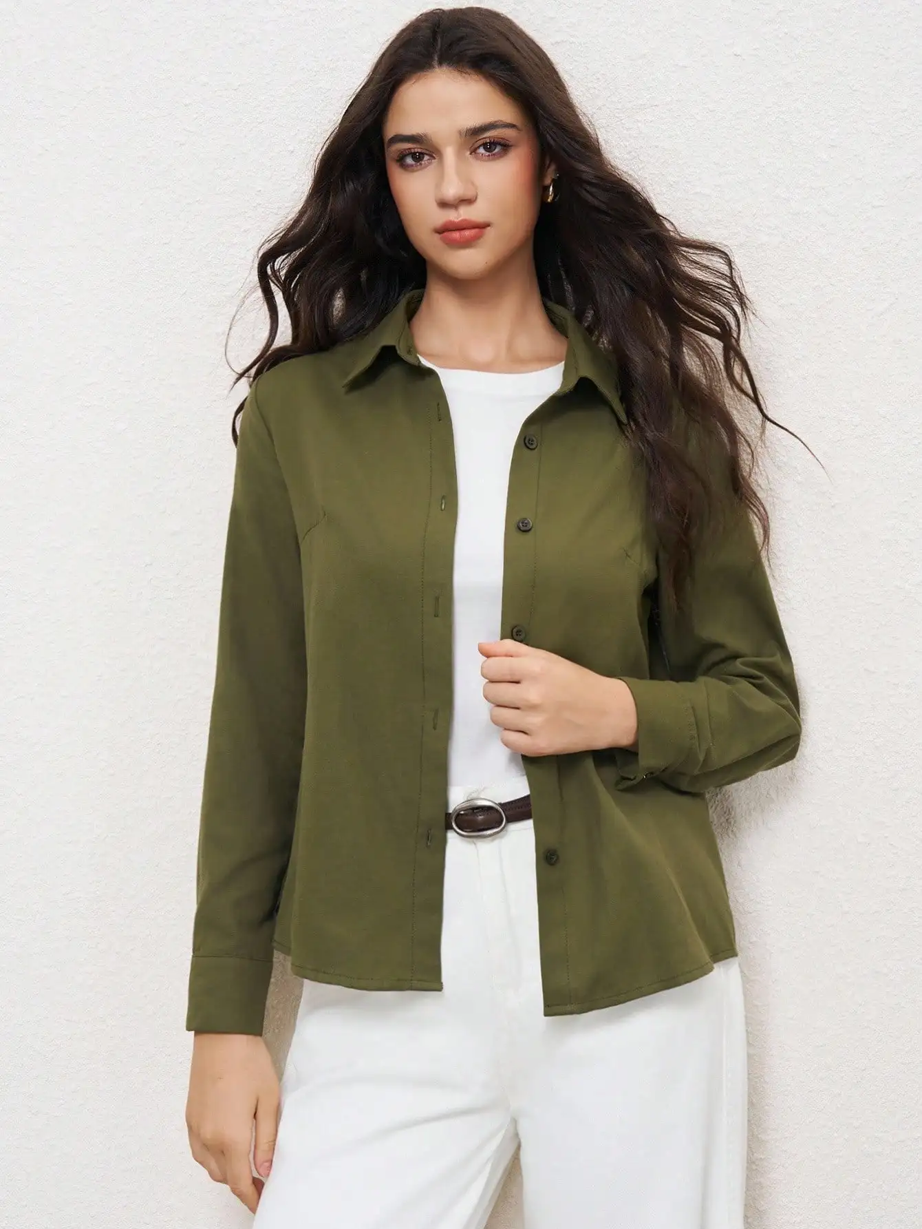 

Оливково-зеленая рубашка с длинным рукавом на пуговицах для женщин, для офиса и повседневной носки