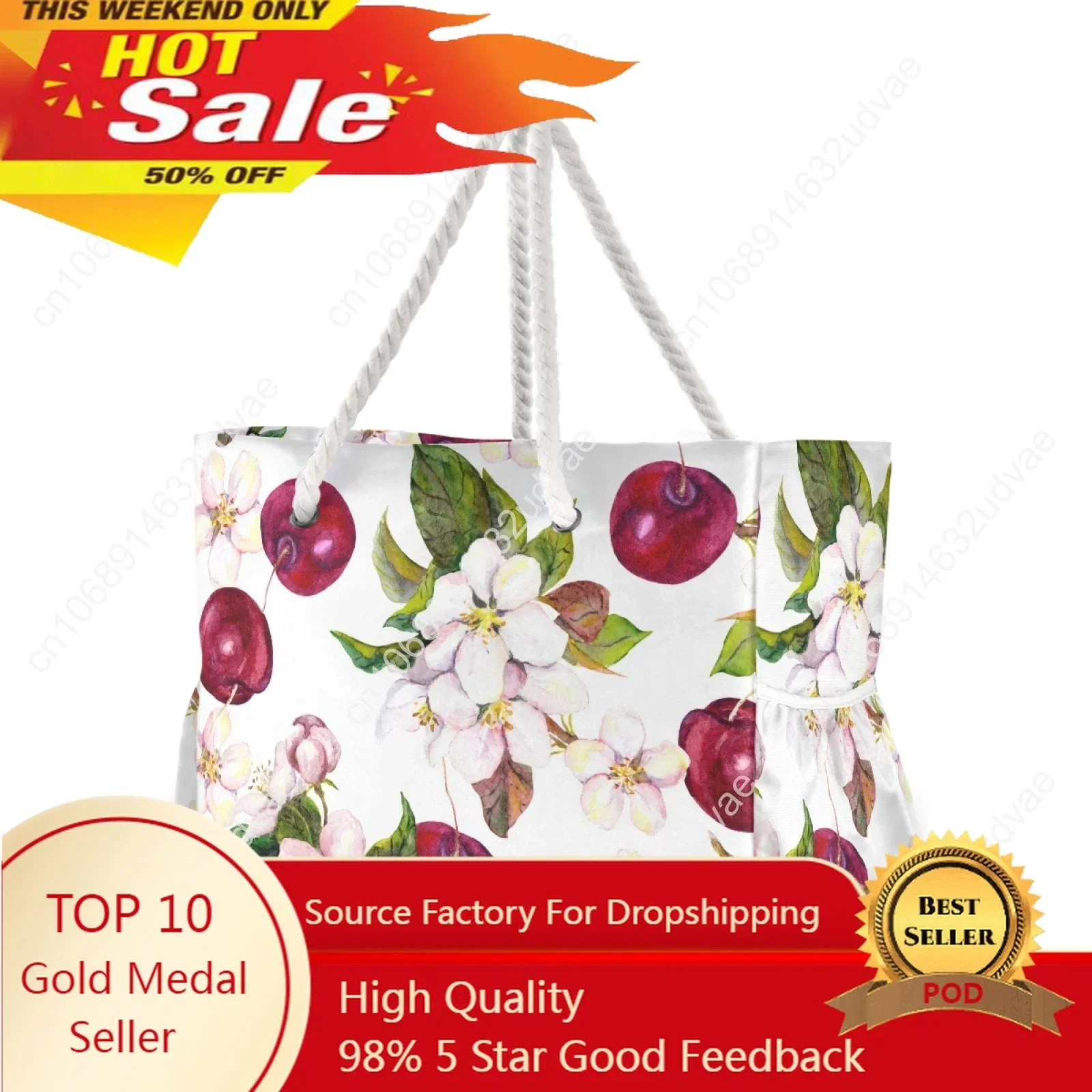 

New Women Nylon Cherry Flowers And Cherry Berries Shoulder Bag Female Large Capacity Ladies Beach Bag Girls Shopping Handbag