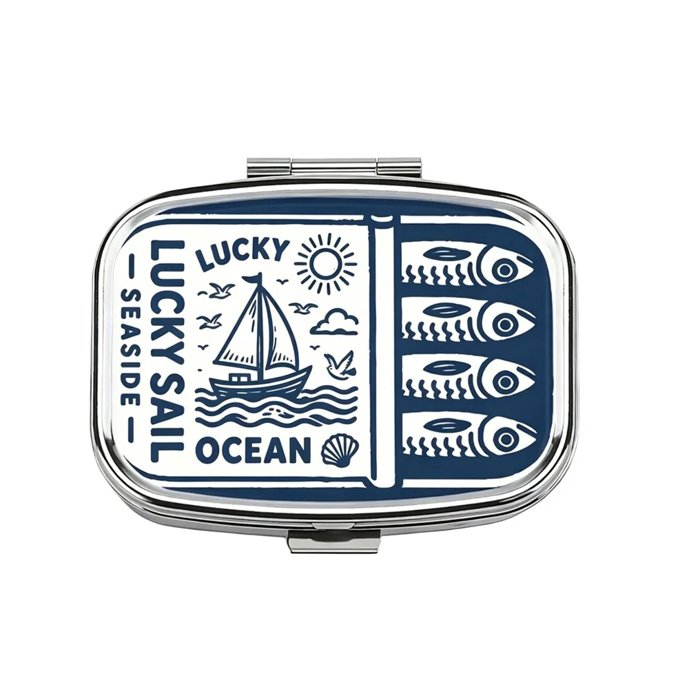 Multi-functional Metal Sardine Print Pill Box Cute Mini Pocket Pill Case Cartoon Ocean Style Pill Organizer Travel