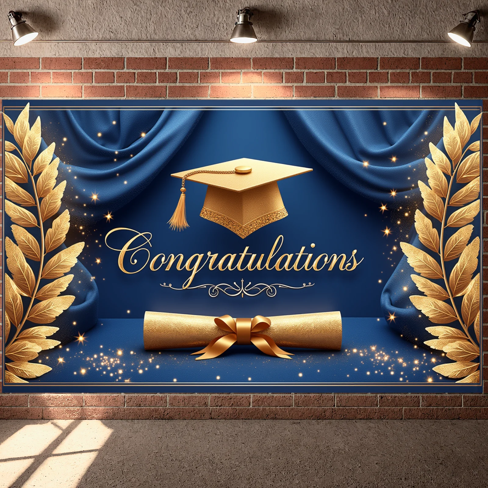 Bannière de félicitations, Boîte cadeau noire et or, Décor de remise de diplôme, Guirlande triangulaire dorée, Toile de fond de félicitations pour la remise de diplôme