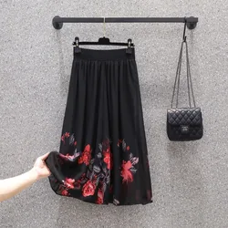 Women's Clothing Elastic High Waisted Flowers Rhinestone Printing Thin Pleated Ball Gown Mesh Streetwear Elegant Knee Skirts