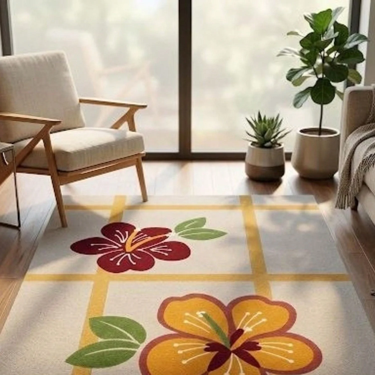 Tufted Wool Floral Carpet, Plant Beige Grid Living Room Carpet.