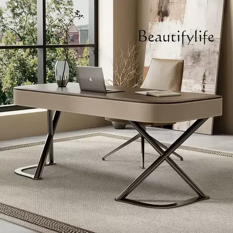 Nordic medieval solid wood writing desk modern simple saddle leather desk   escritorios de habitación   طاولة قيمينق