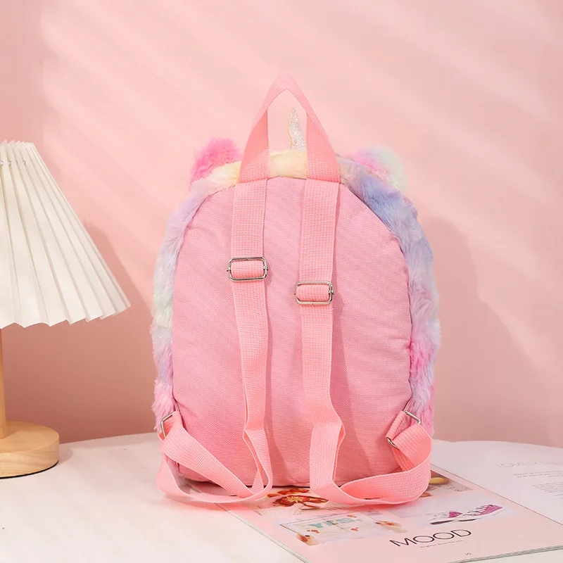 Mochila de unicornio de dibujos animados personalizada para niños, mochila gradiente de arcoíris de felpa para niñas, mochila de escuela primaria