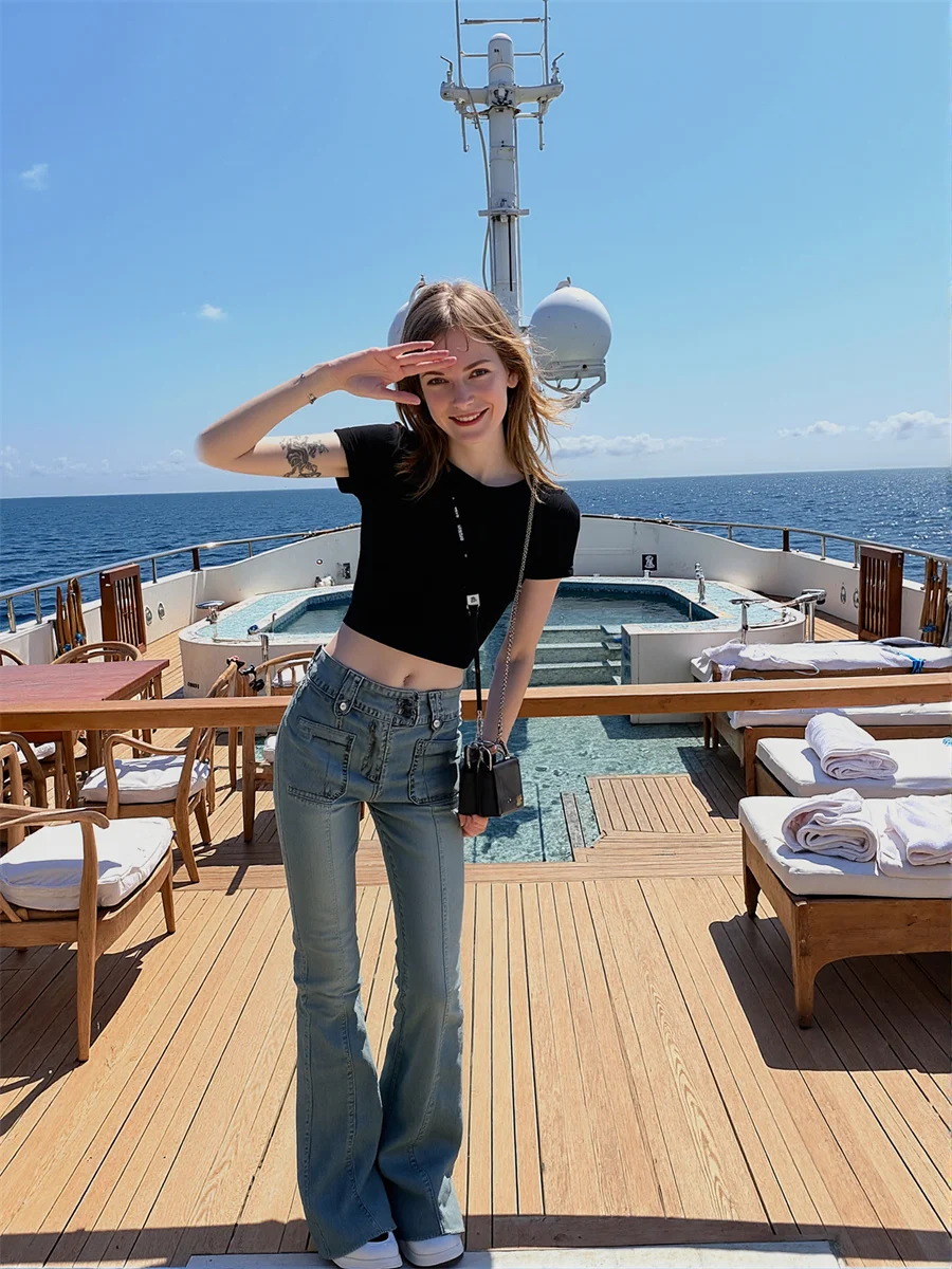 플레어 슬림 스키니 바닥 길이 청바지 여성용 클래식 빈티지 아메리칸 스타일 스트레이트 레그 찢어진 헤짐 워싱 캐주얼 릴렉스