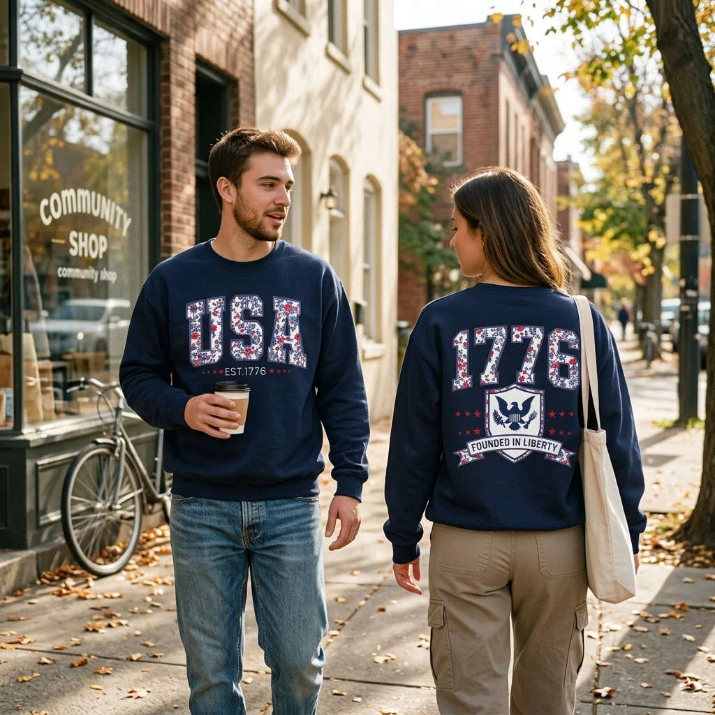 USA 1776 Floral Letter Print Parent-Child Long Sleeve Crewneck Sweatshirt Casual Independence Day 4th of July Tops Streetwear