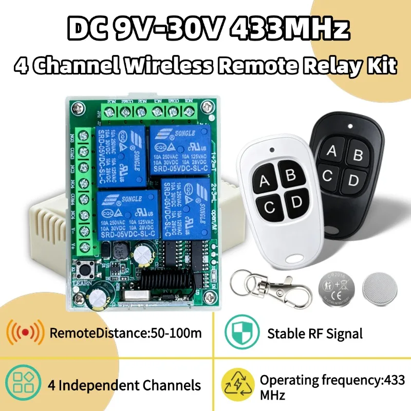 433MHz Universal Wireless Remote Control DC 12V 4CH Relay Receiver Module RF Switch 4 Button Remote Control Gate Garage Opener