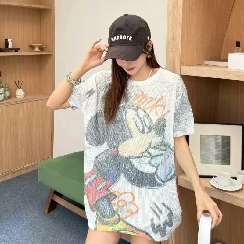 

Шелковая хлопково-льняная футболка с мультяшным принтом Микки Мауса — свободный крой, круглый вырез, короткий рукав, сверхпрочный принт, повседневная, универсальная