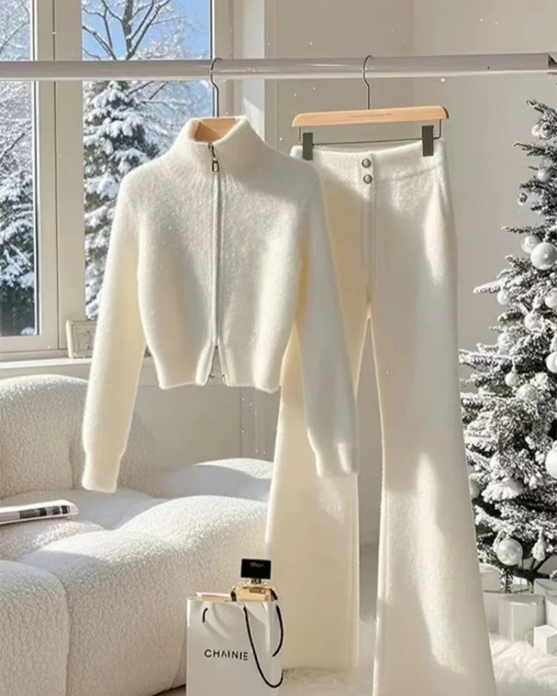 

Girls' Winter Outfit High-end Unique Super Beautiful Small Fragrance Style White Sweater Pants Casual Two-piece Set