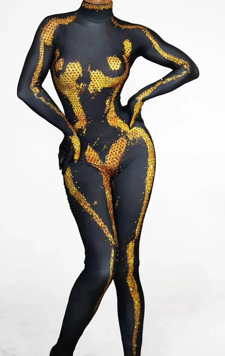 

fashion Gold silver black Jumpsuit gloves rhinestones sexy Nightclub Party Dance Singer Stage Performance drag queen costumes