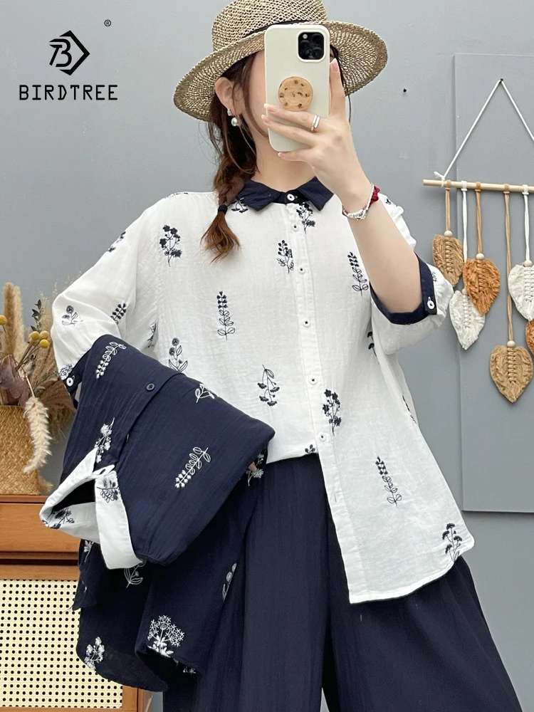 

Новая летняя женская блузка из хлопковой пряжи с рукавом 3/4, вышивкой на лацканах, в стиле Mori Girl, повседневная тонкая свободная блузка в стиле OL T64587CC