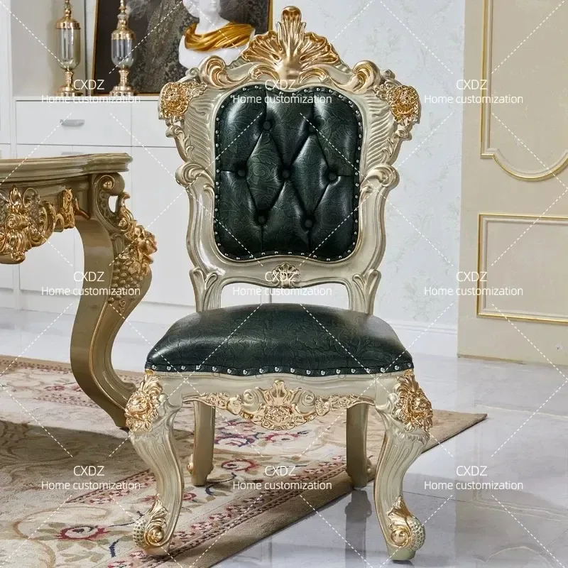 European Style Leather Dining Chair Solid Wood Backrest American Retro Home Leisure Computer Study Chair