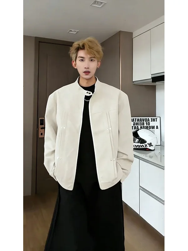 

Мужская весенняя куртка American Sle с воротником-стойкой, аккордеонным складным дизайном, заклепками и эффектом потертости, в стиле ретро, Cleanfit