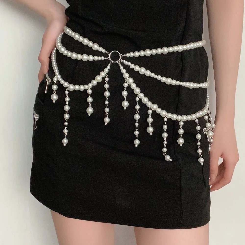 All-match Multilayer Pearl Waist Chain Y2K Elegant Thin Waist Chain Belt Boho Tassel Body Jewelry Clothing Accessories
