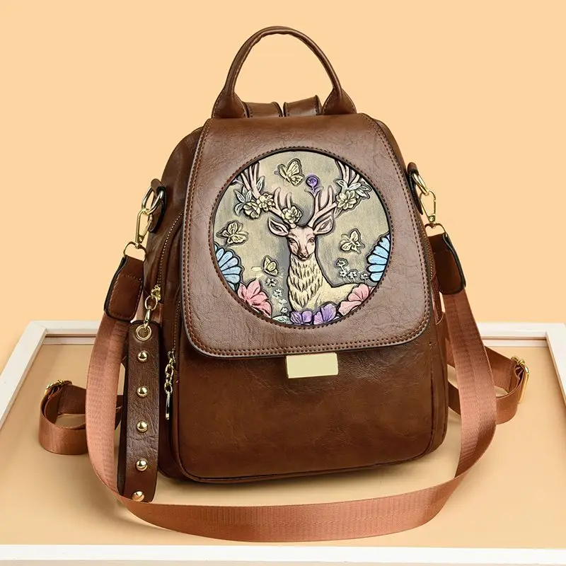 

Высококачественный женский рюкзак в стиле ретро с новым расписным принтом, модный универсальный рюкзак с заклепками, изысканная личность, простота