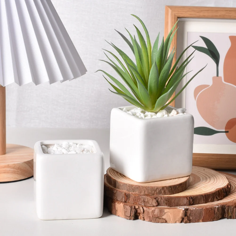 

6Pcs Square Ceramic Flowerpot White Decorative Tabletop Planter Small Plant Container Modern Home Decor Indoor Cactus Planter