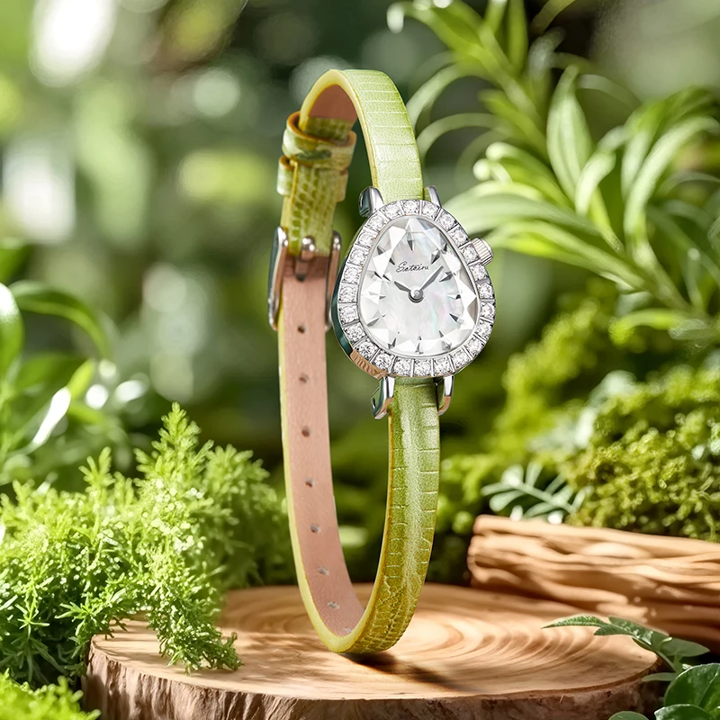 Sotoiru Watches For Women 2025 Trend Summer Limit Luxury Green Leather Quartz Watch Party Jewelry Set For Women Gift 3pcs/Set