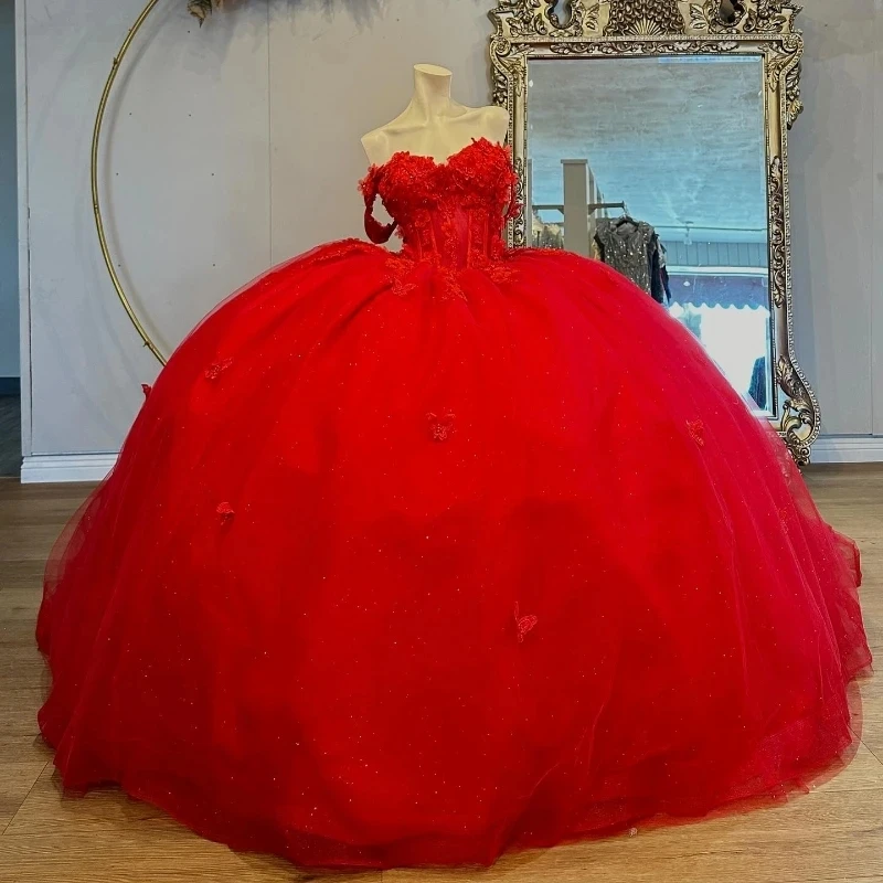 

Red Shiny Ball Gown Quinceanera Dresses Off The Shoulder Lace Beads Bow Tull Vestido De 15 Anos Sweet 16