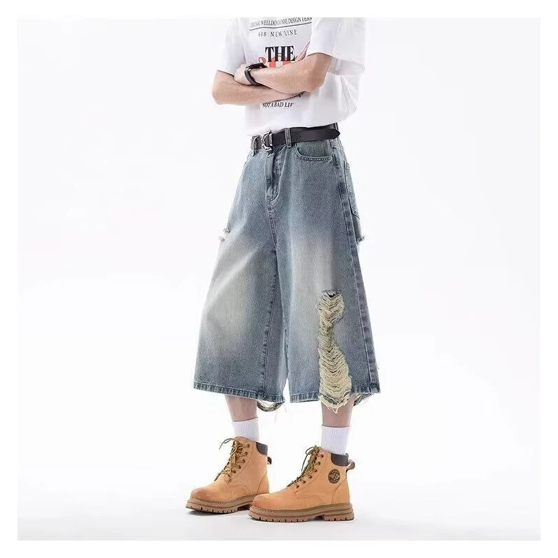 Women's Multiple Holes Wide Leg Calf-length Trousers Young Girl Shorts Jeans Summer Pants Female High Waist Capris Sweatpants