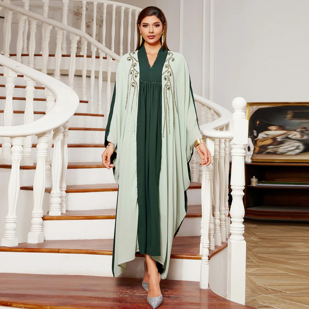 2024 New Fashion Handsewn Diamonds Batwing Sleeve Casual Abaya Jalabiyat Moroccan African Saudi Women Kaftan Outfits