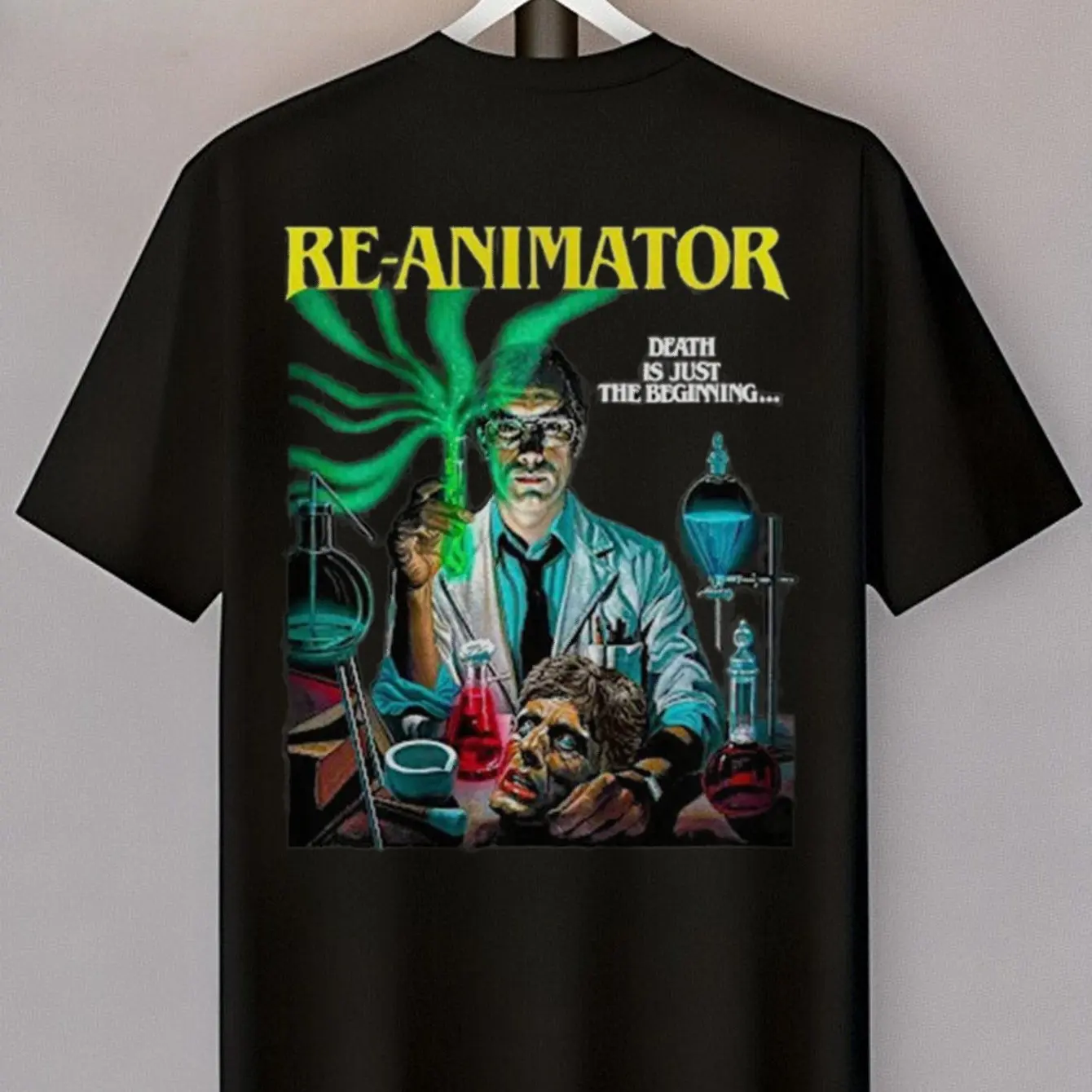 Men's Vintage 1985 Re-Animator Horror Movie T-Shirt - Official Retro Graphic Tee with Lab Scene & Re-Animator Print