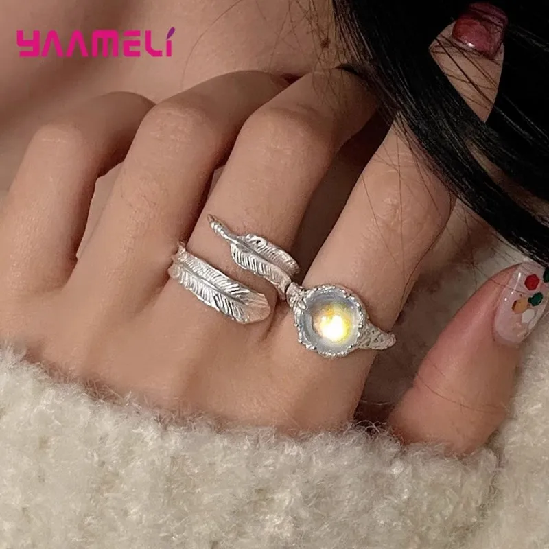 

Real 925 Sterling Silver Opening Rings for Women Retro Thai Silver Feather Adjustable Ring Wedding Party Jewelry Gifts Accessory