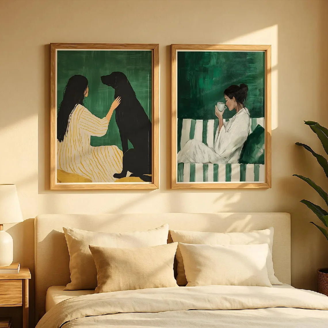 2pcs Minimalist Figure And Black Dog Canvas Poster Wall Hanging, Wall Art For Living Room Bedroom, Forest Green Home Decor