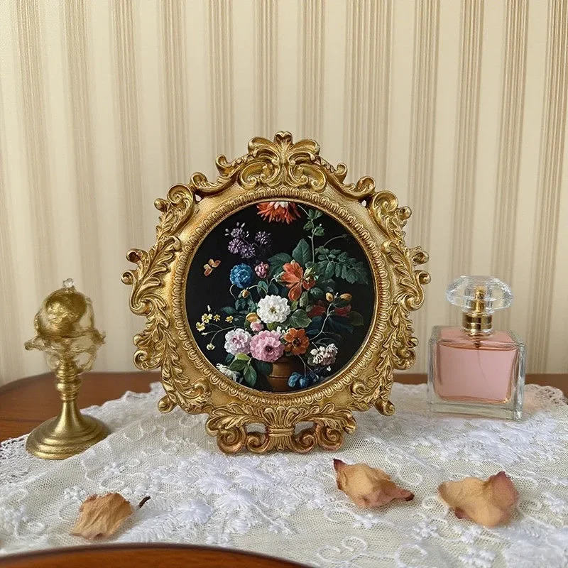 Retro European Relief Round Resin Small Photo Frame Picture Frame Ornament Homestay Wall Decoration Light Luxury Wall Hanging